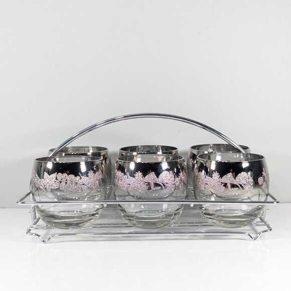 MCM chromed bar caddy with 6 Silver ombre fade Fade Roly Poly cocktail glasses - Picture 5 of 9